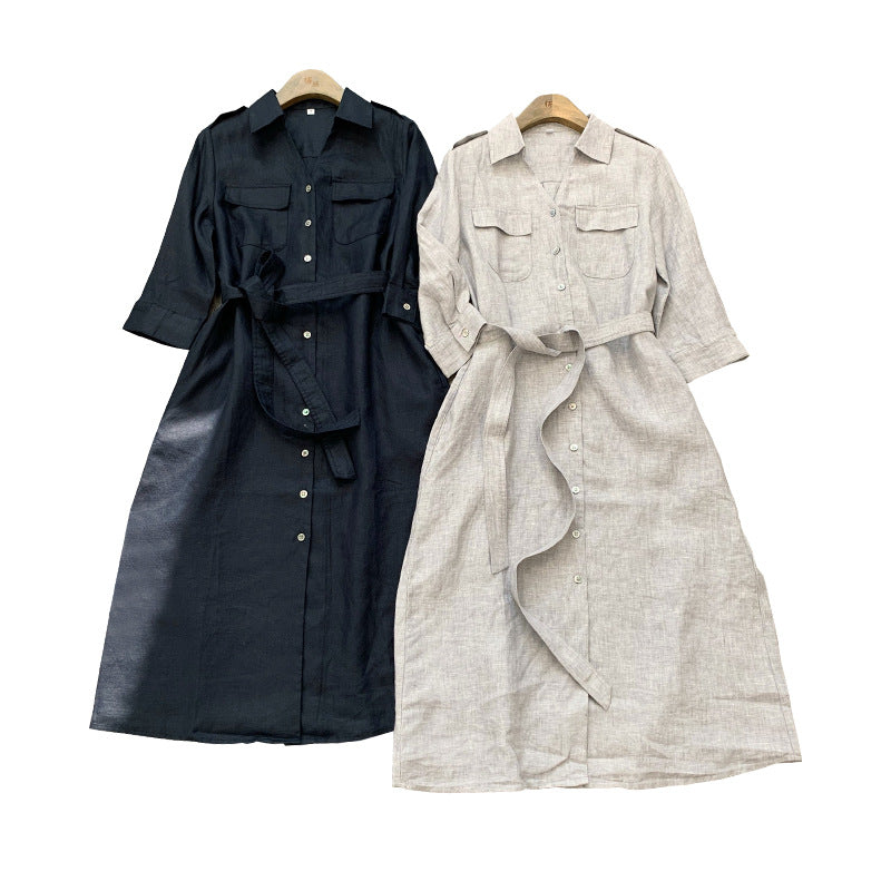 Women's Grey Linen Shirt Skirt Mid Sleeve | Affordable-buy