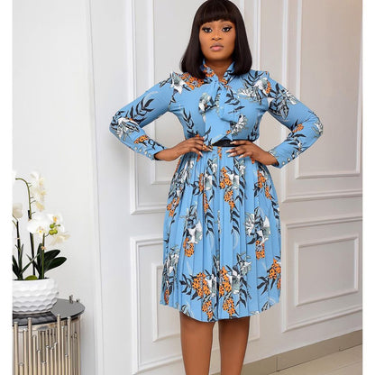 Long Sleeve Printed Pleated African Dress Lady Dress