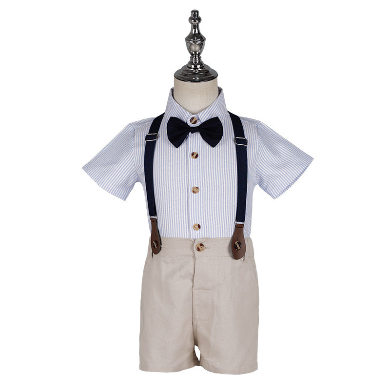 Children's Korean Short Sleeve Suspenders Two-piece Summer Suit New Striped Shirt Set
