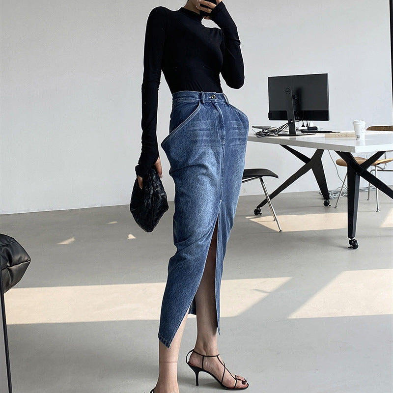 New High Waist Long Inverted Triangle Front Split Design Washed Classic Denim Skirt