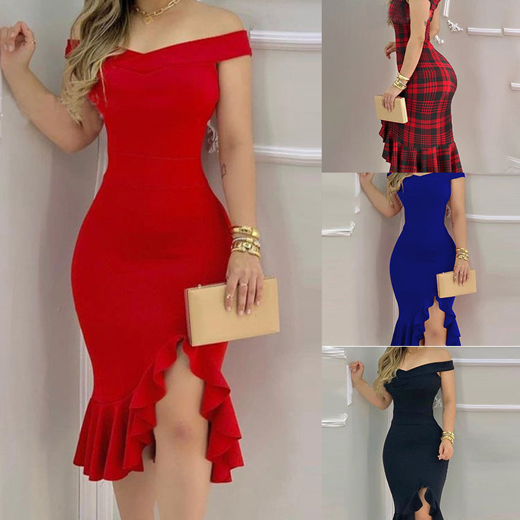 Women's New Pure Color Elegant One-line Collar Waist Closing Sexy Irregular Dress
