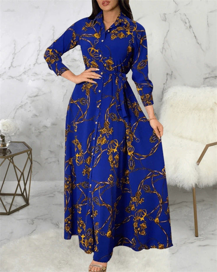 New Muslim Vintage Fried Street Flower Print Single Breasted Belt Long Dress