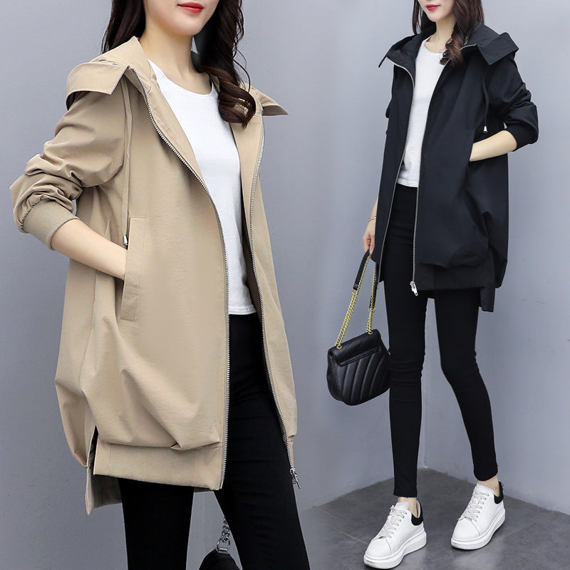 Women's New Korean Casual Temperament Black Loose Hooded Fashion Coat