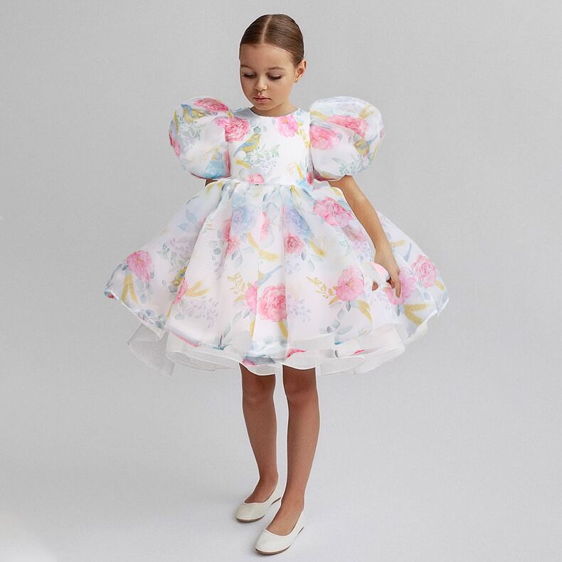 Summer New Bubble Sleeve Princess Children's Floral Mesh Fluffy Dress