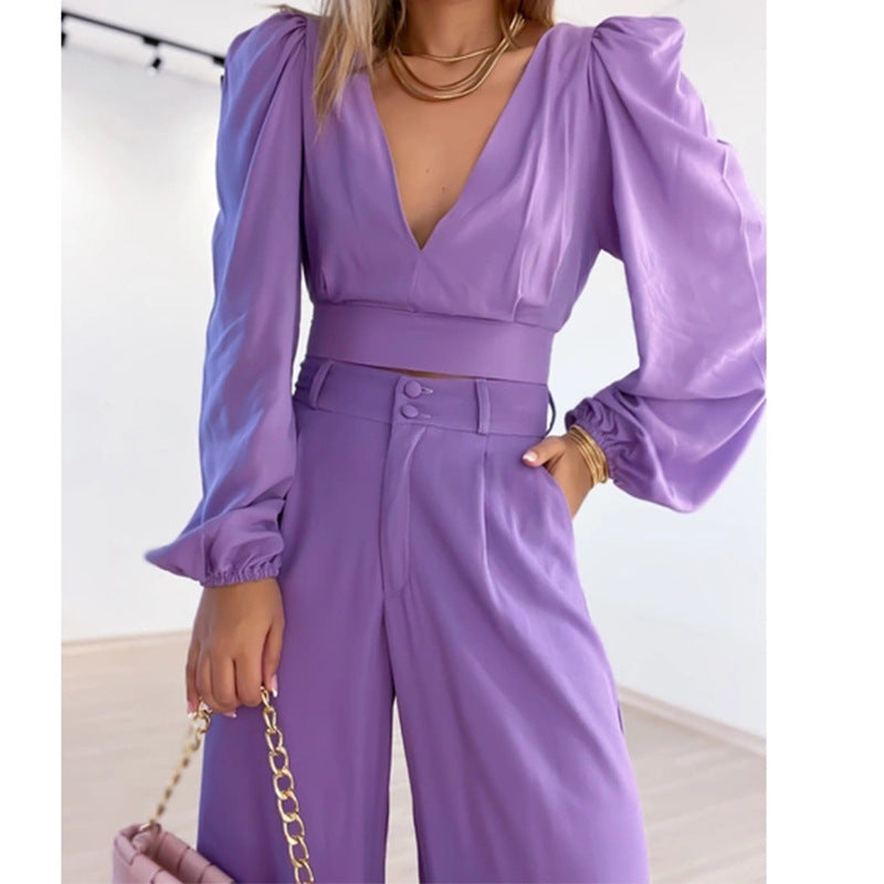New Long-sleeved Shirt High Waist Wide Leg Trousers Large Size Fashion Casual Suit