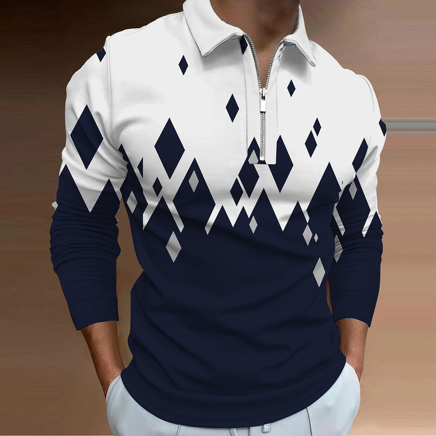 Men's zipper POLO shirt abstract graphic printing geometric pattern Long sleeve zipper printing fashion 3D digital printing