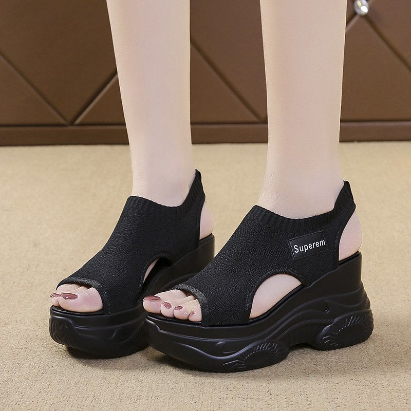 New Women Knitted Fairy Wind Sponge Sole High Heel Sport Sandals