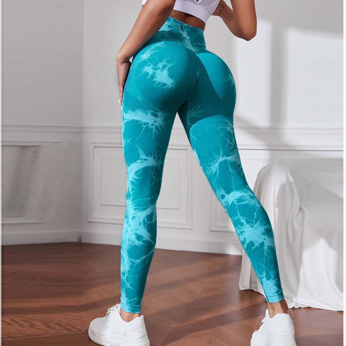 Women Bleach Print High Waist Lift Hip Exercise Running Fitness Pants Leggings