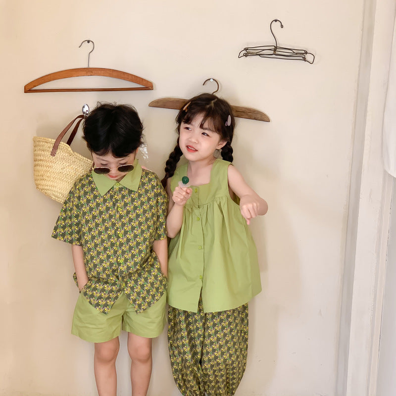 New Korean Edition Children’s Floral Short Sleeve Solid Color Sibling Outfit