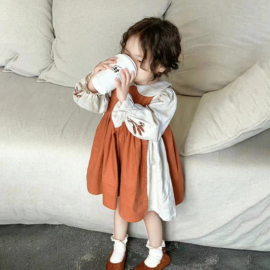New Embroidery Princess Cotton Linen Doll Neck Long Sleeve Strap Dress Set