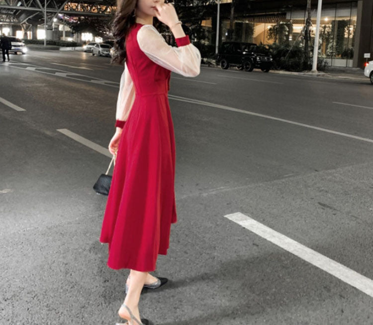 Mesh Mosaic V Neck Long Red Dress | Affordable-buy