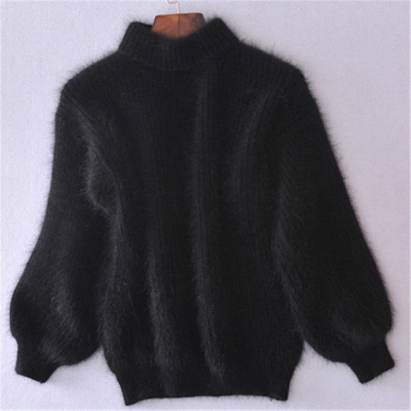 Women's New Sleeve Mink Semi High Neck Loose Solid Color Pullover Sweater