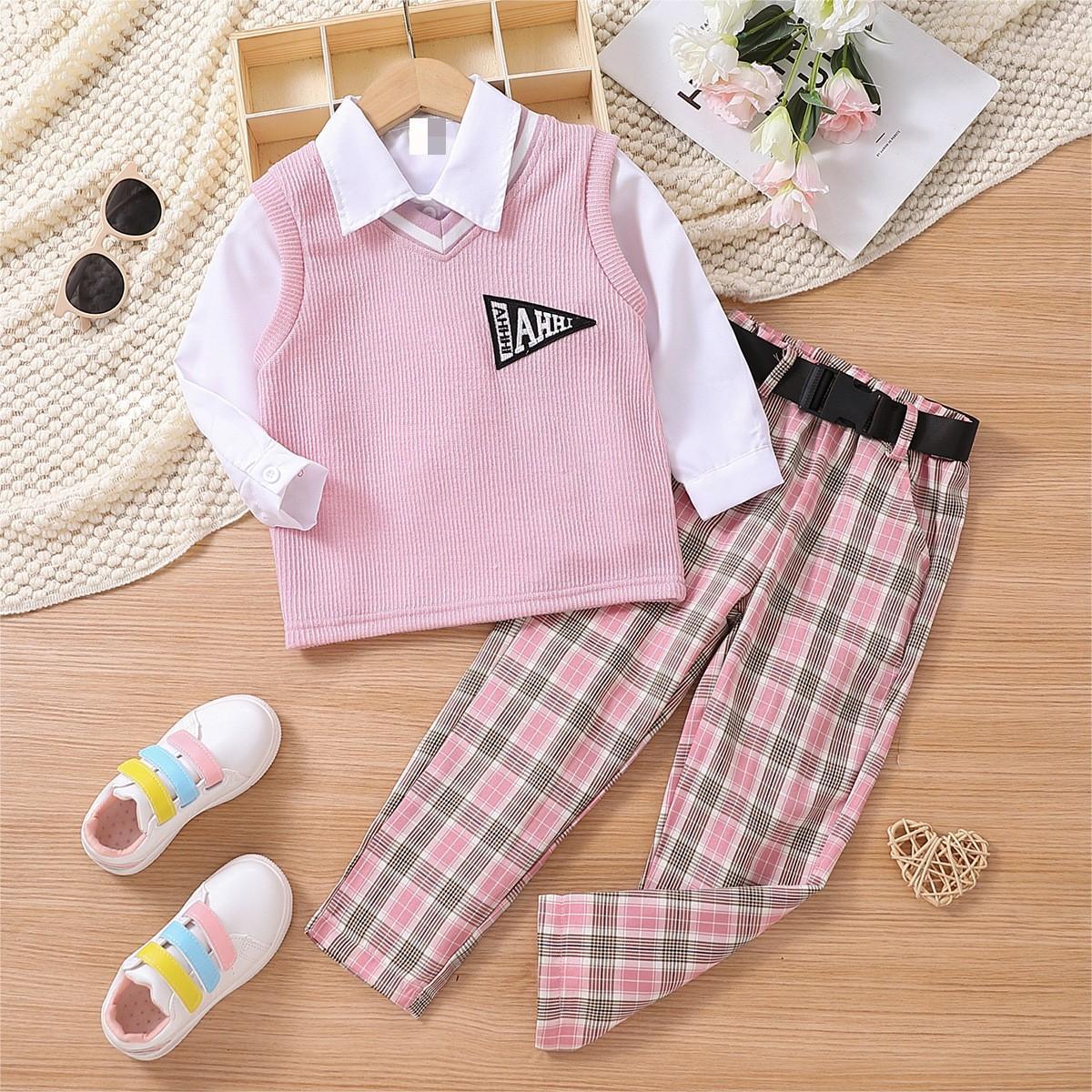 Children's Clothing Fashion College Style Wool Vest Long Sleeve Plaid Trousers Suit With Belt