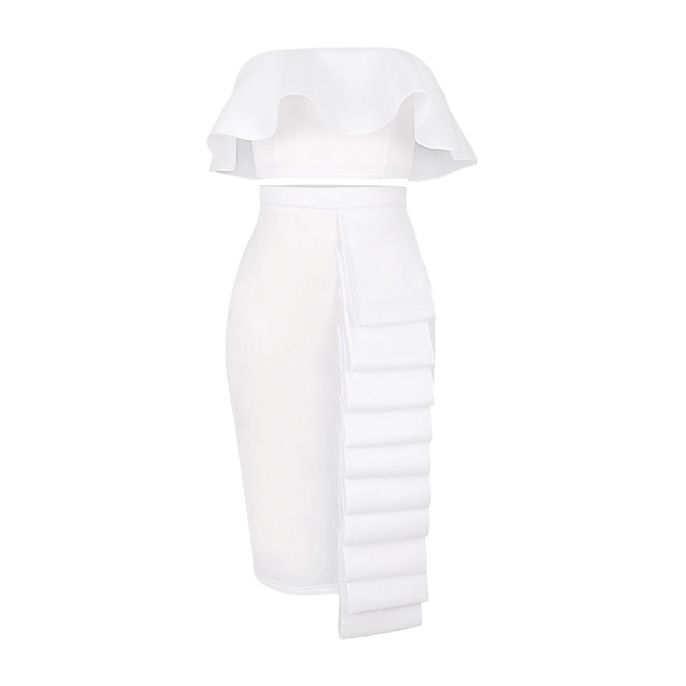 Black White Wrap Chest Ruffle Top Wrap Hip Skirt Medium Length Skirt Two Pieces Set