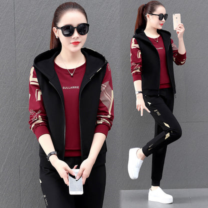 Women's Spring And Autumn New Casual Trend Vest 3-piece Slim Hooded Sweater Sportswear