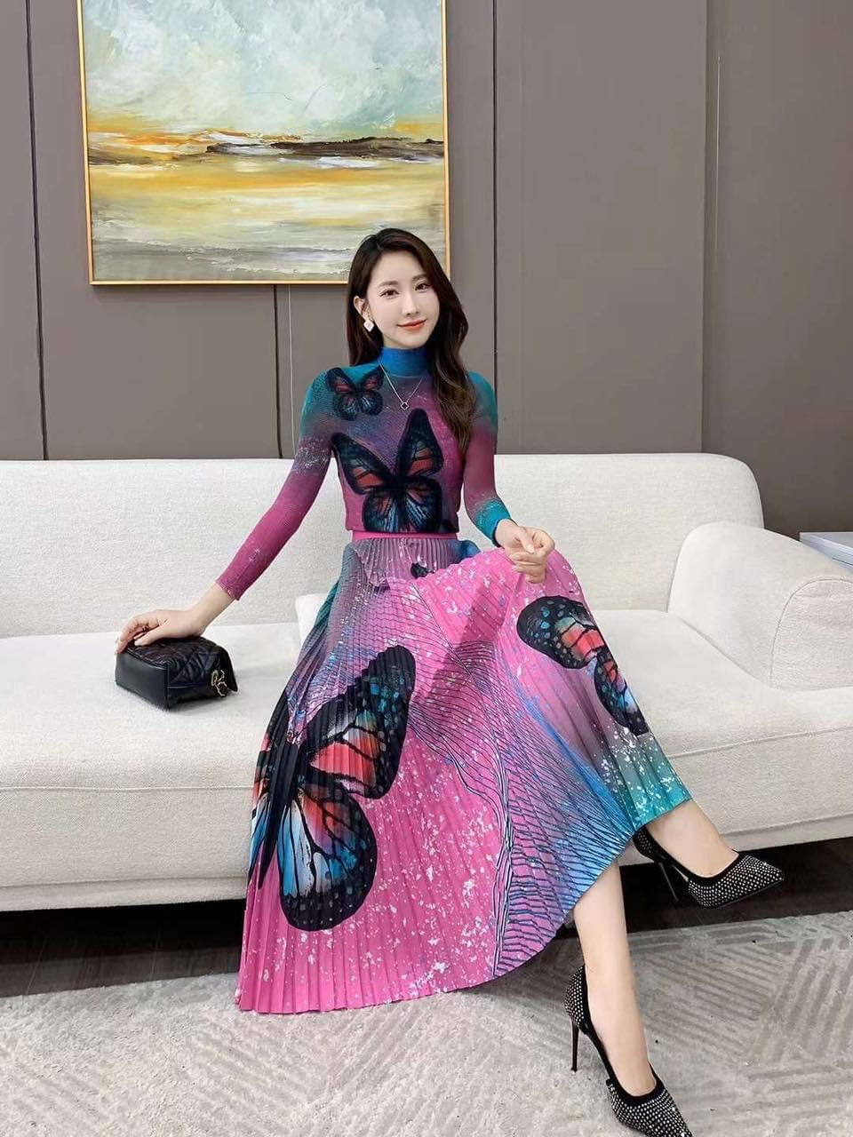 Print Three House Pleated Fashion Suit Two Piece Set