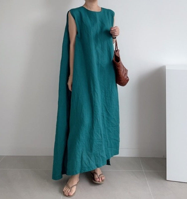 Women's Cotton Hemp Simple Loose Slim Sleeveless Split A-line Dress