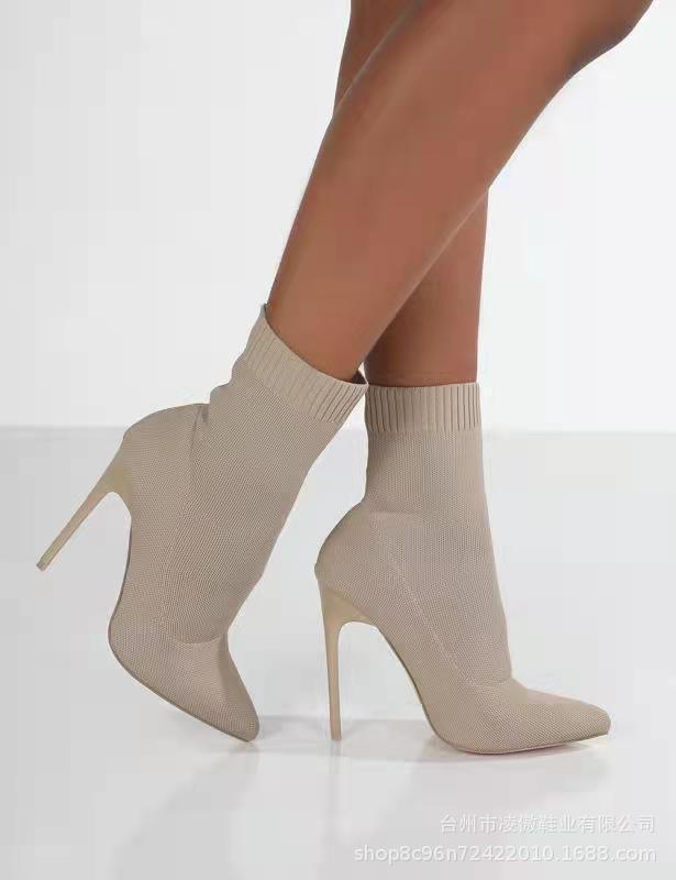 Women's Pointed Toe Thick Heel Martin Elastic Knitted Socks Boots