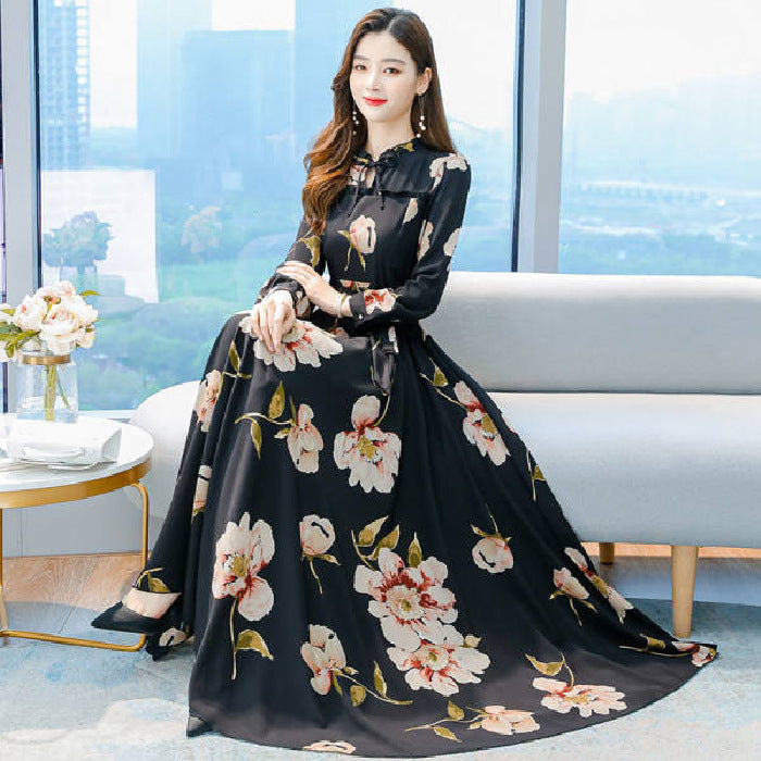 New Large Waist Collection Slimming Long Sleeve Large Swing Floral Chiffon Skirt