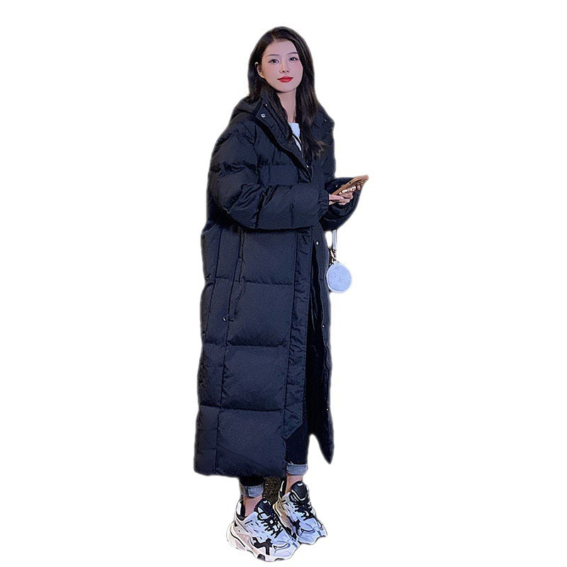 New Women's Mid Length Loose Fitting Cotton Black Hooded College Style Winter Jacket