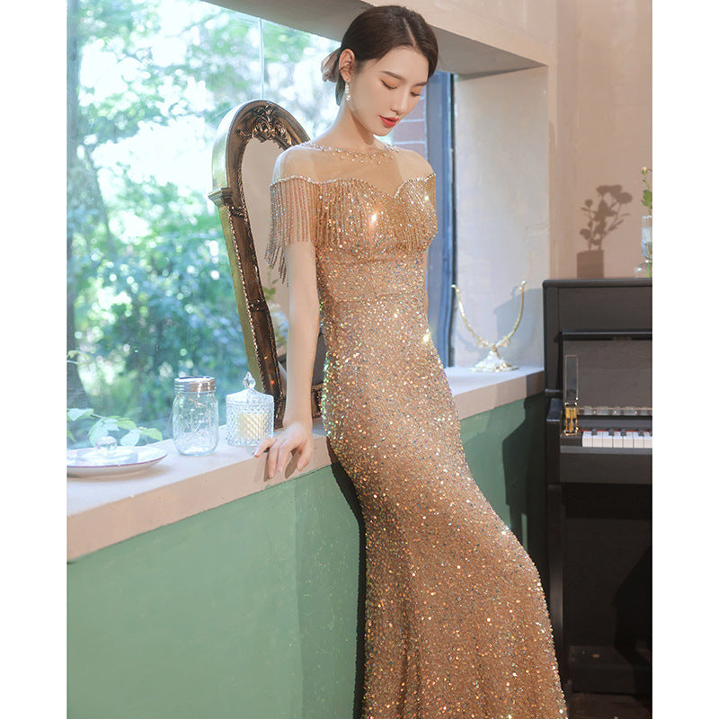 Women's New Annual Conference Long Fishtail Tassel Banquet Evening Dress