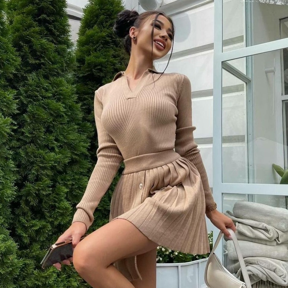 New Women's Fashion Casual Solid Color Polo Long Sleeve Top Pleated Skirt