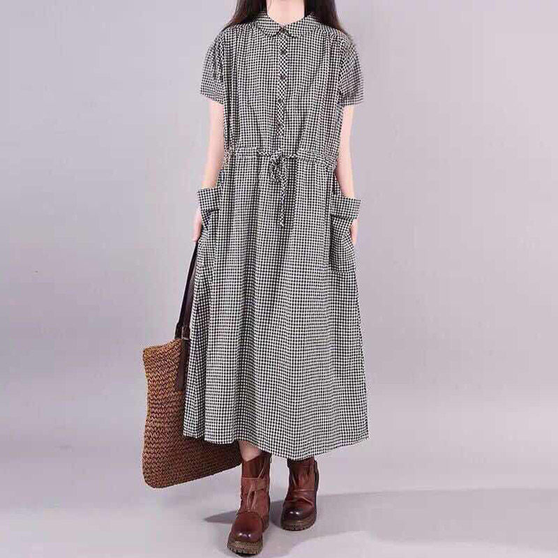 Women's Summer New Large Plaid Lace Up Loose Slim Linen Skirt
