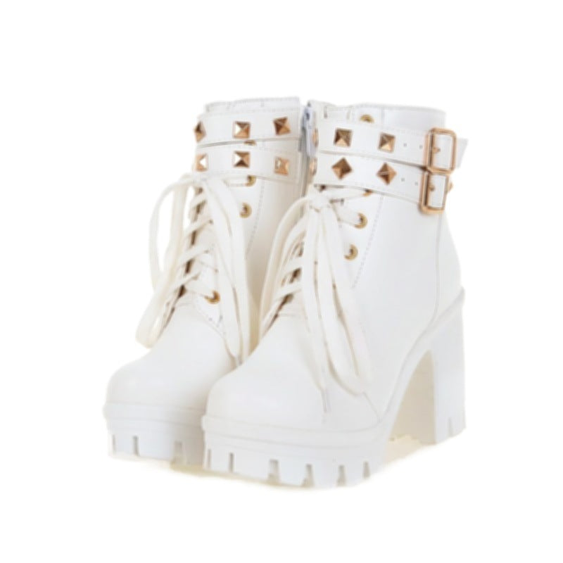 Women's Fashion Martin High Heels Thick With White Ankle Boots