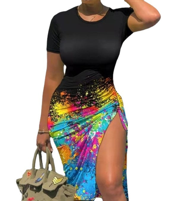 Women Printed Net Color Short Sleeve Dress | Affordable-buy