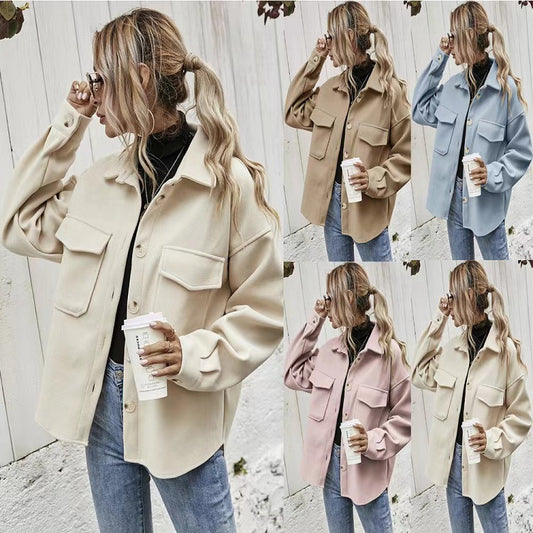 Women's Wear Fashion Solid Color Single breasted Woolen Coat Casual Coat Polo Loose Women's Top