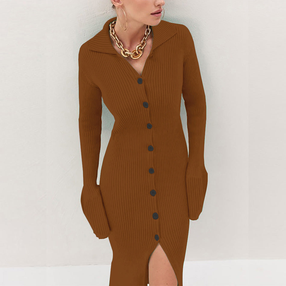 Fashion Sleeved Lapel Cardigan Button Horn Sleeve Strip Sweater Long Skirt Dress