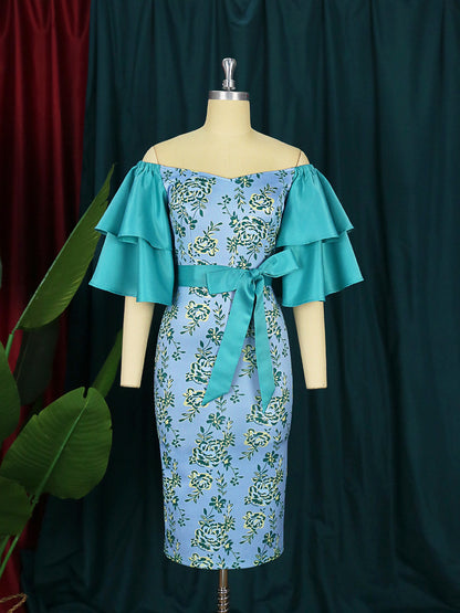 Off-shoulder Lotus Leaf Floral Lace Dress | Affordable-buy