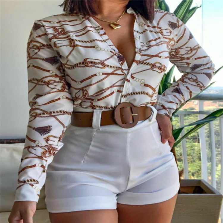 Women's New Print Collar Shirt And Shorts Suit