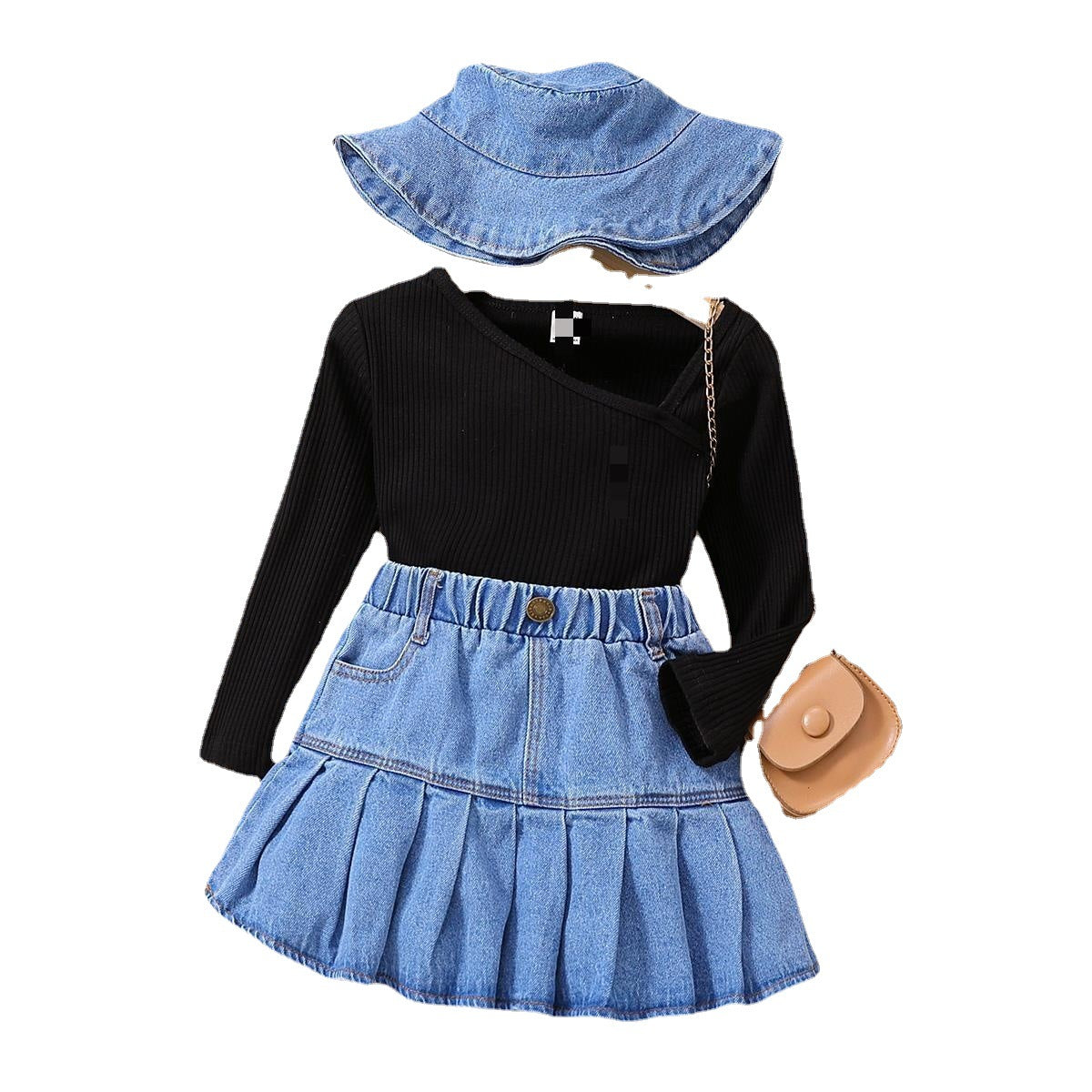 Children's Wear Pit Strip Top+Denim Skirt Hat 3-piece Set