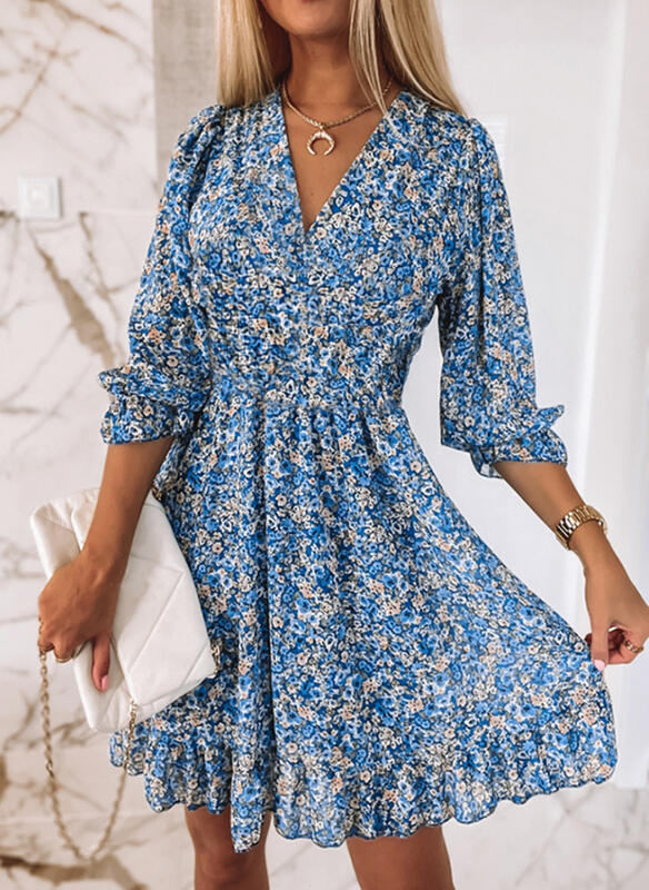 Women's New Middle Pullover Print Short Bubble Middle Floral Dress