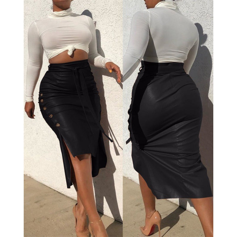 Women's Leather Slim Middle Length PU Buttock Wrap Skirt
