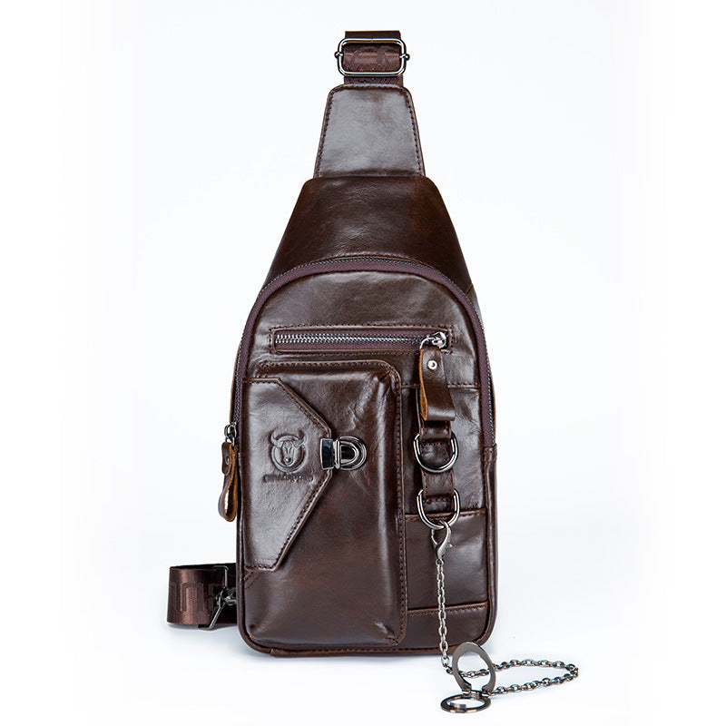 Leather Chest Bag For Men's Soft Headlayer Cowhide Insert Lock Mobile Phone Holder Chain Single Shoulder Crossbody Bag
