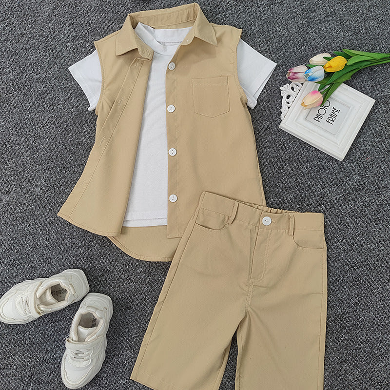 New Children's Workwear Style Vest Tank Top Casual Set Short Sleeve Three piece Set