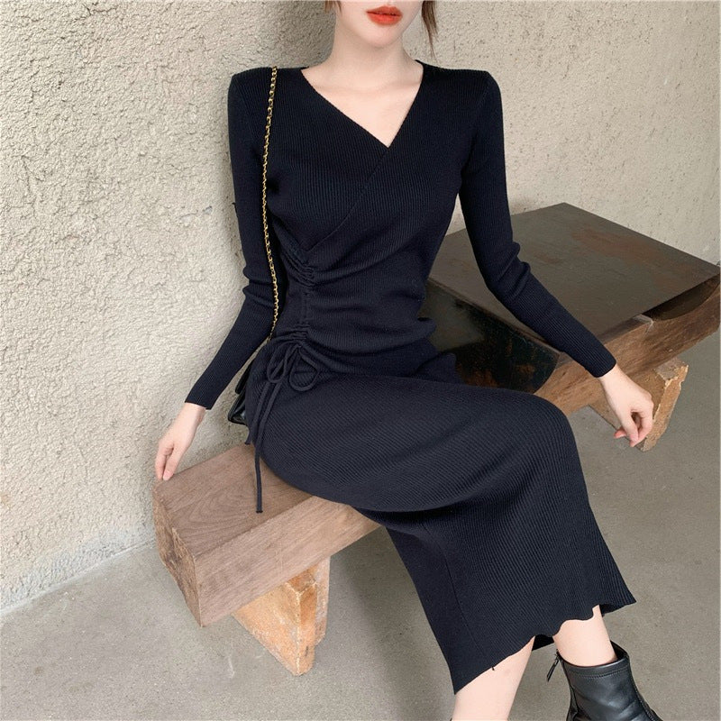 Women's New Slim-fit High-waisted Show Thin Lace-up V-neck Knitted Skirt Long Skirt Dress