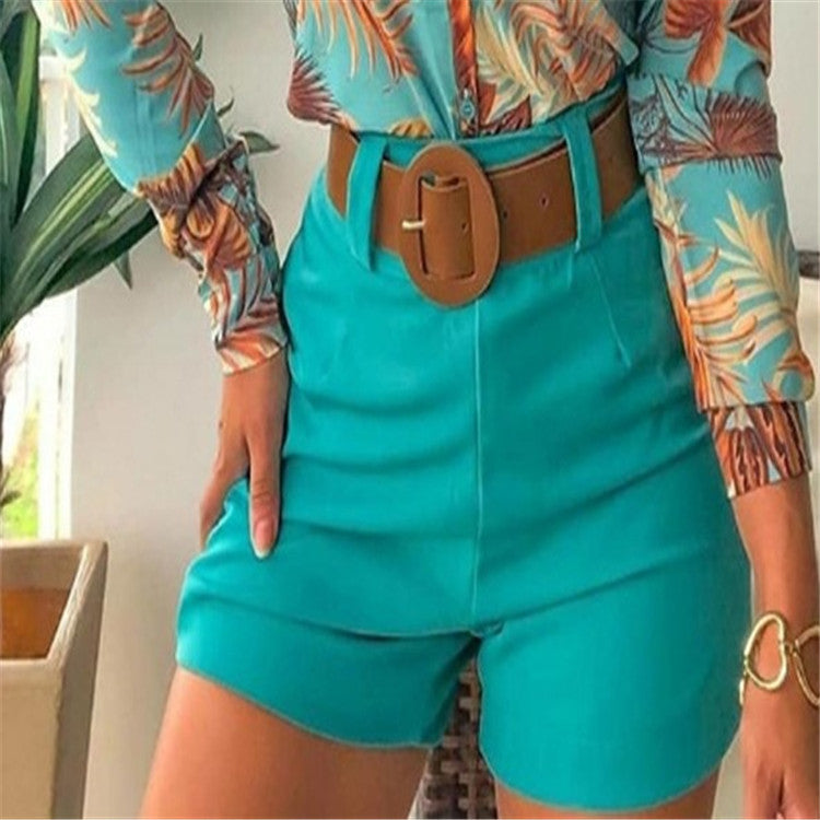 Women's New Print Collar Shirt And Shorts Suit