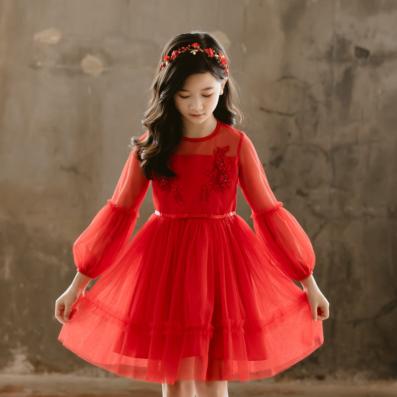 Children's Wear White Princess Red Gauze Bubble Sleeve Dress