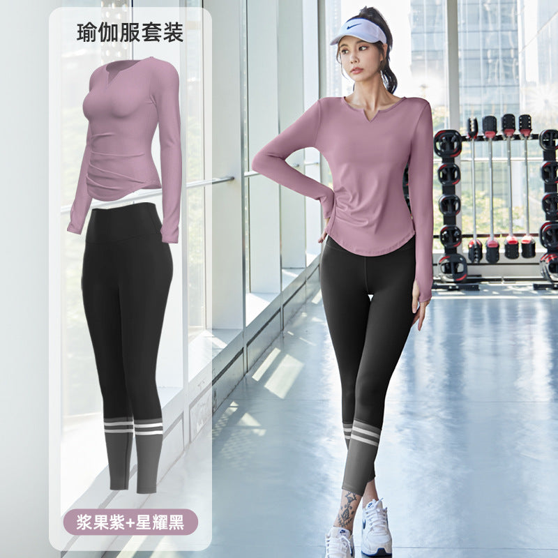 Women's Dry Naked Yoga Peach Waist Fold Top Foot Stitching Exercise Fitness Suit