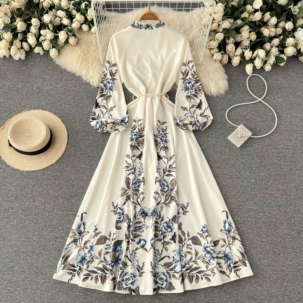 New Lapel Trend Retro Print Spring Long Sleeve Waist Closing Slim Large Fairy Skirt