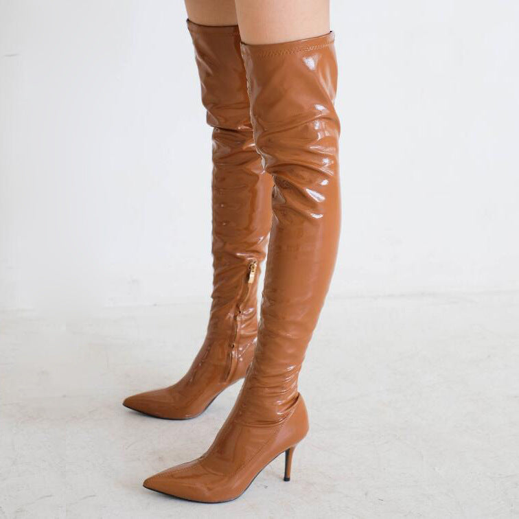 Fine Heel Caramel Knee Length Side Zipper Elastic Large Women's Boots