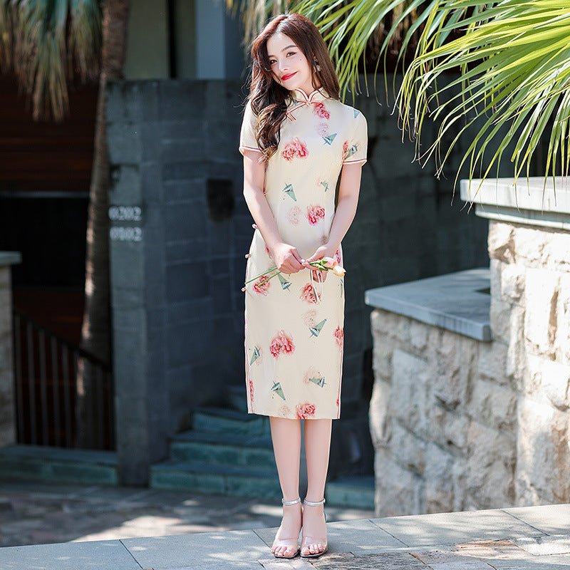 Daily Cheongsam Elastic Flower Dress | Affordable-buy
