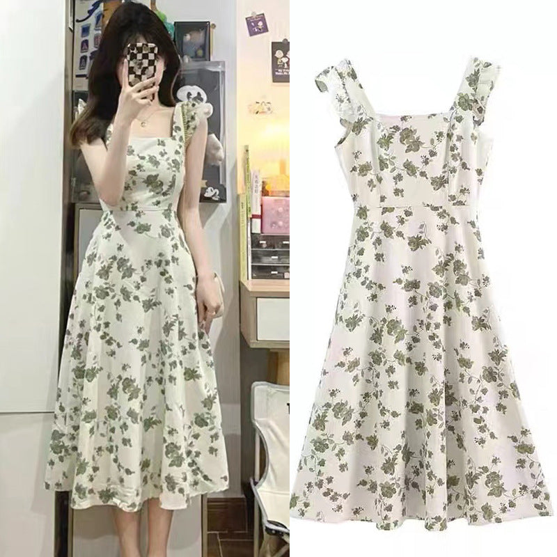 Summer New Small Flying Sleeve Collection Waist Slimming Mid-length Dress