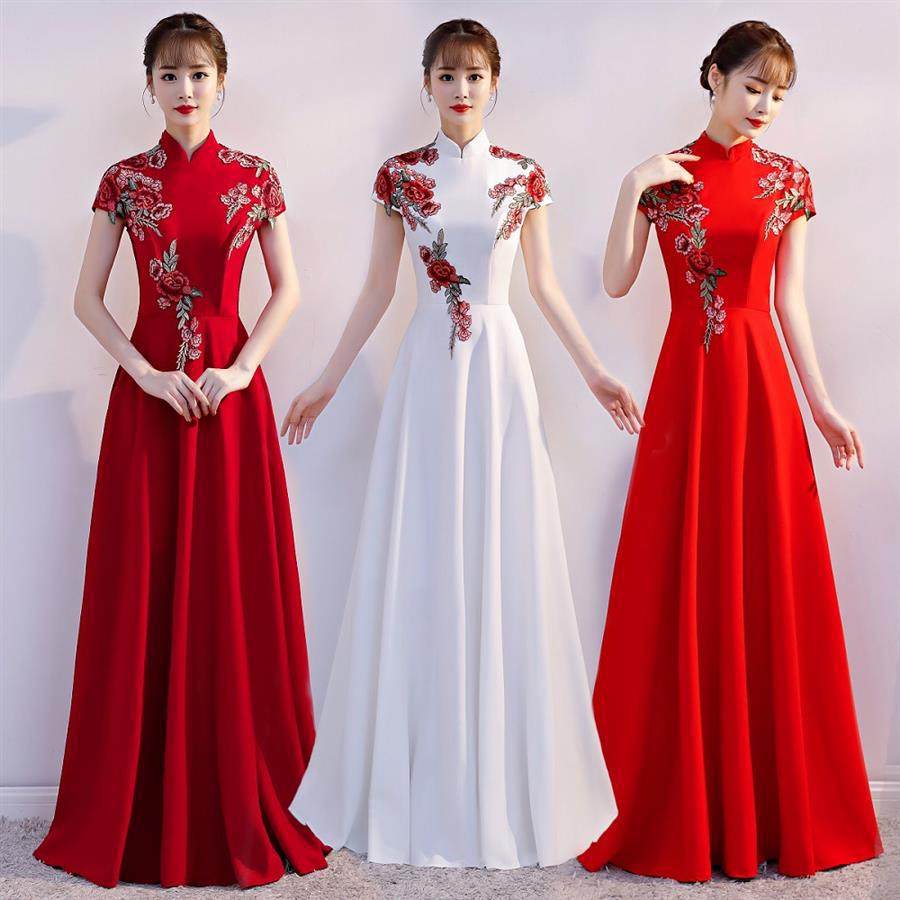 Female New Red Performance Long Elegant Banquet Host Performance Evening Dress