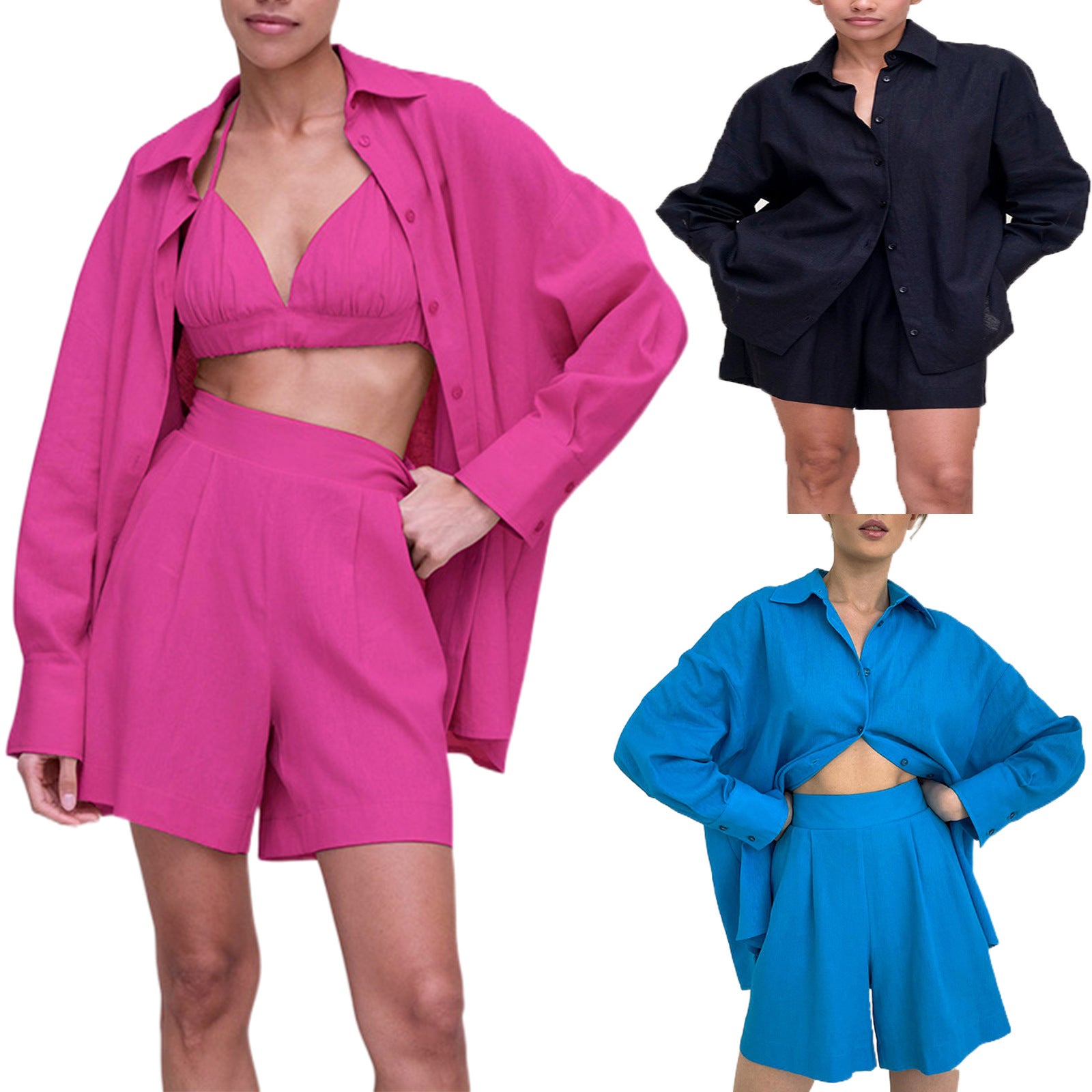 Women's New Solid Casual Suit Tie up Neck Tank Top Coat Shorts Three Piece Set
