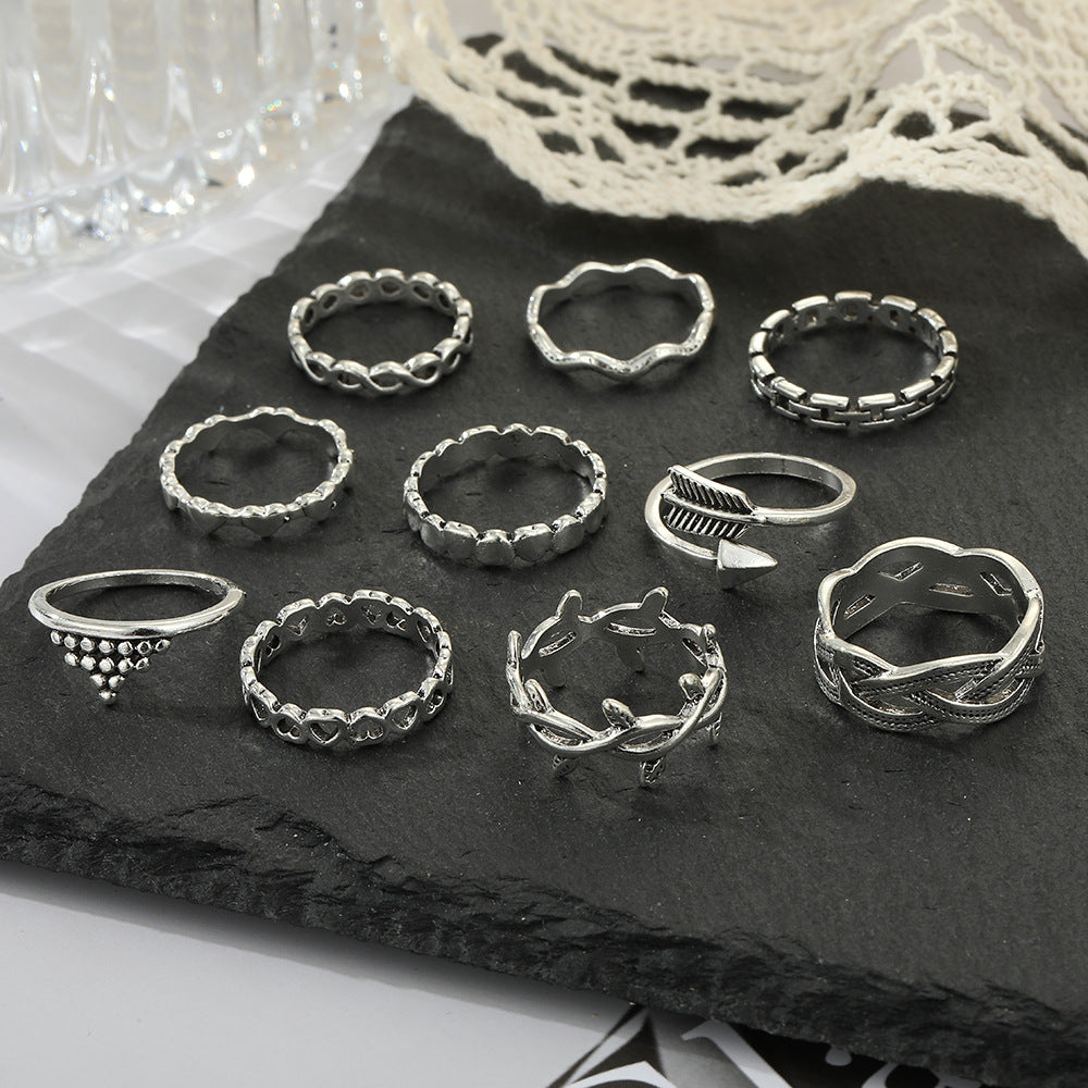 Moon Leaf Cross Ring 10 Piece Creative Retro Simple Joint Ring Set