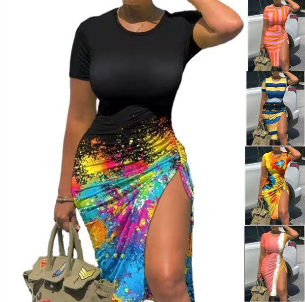 Women's New Printed Net Color Short Sleeve Drawstring Dress
